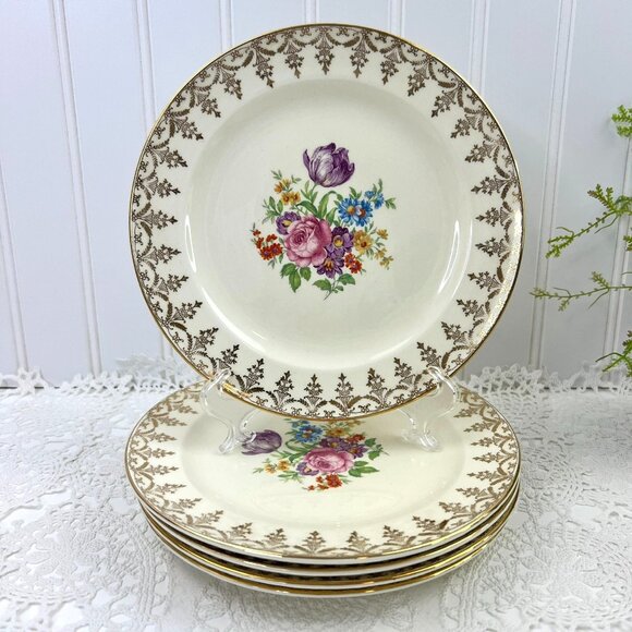 Edwin M. Knowles Semi Vitreous China 5 Salad Plates Floral Center Gold Trim 7.5" - Picture 1 of 9